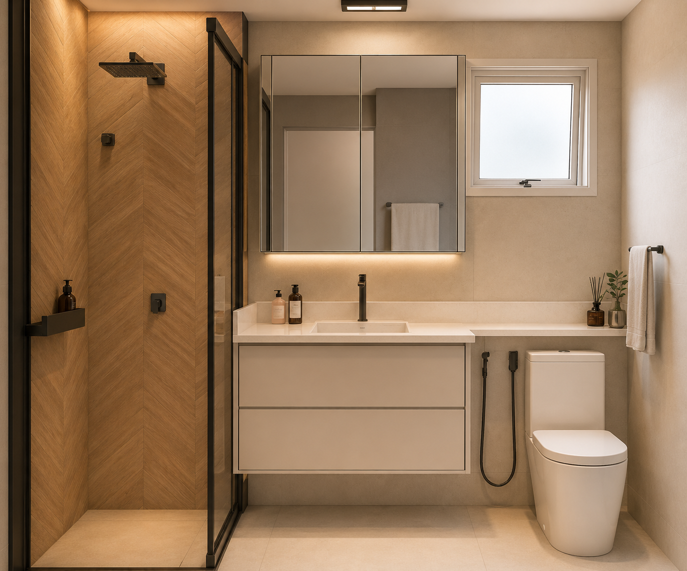 Banheiro de suíte contemporâneo com revestimento amadeirado em espinha de peixe e detalhes pretos
