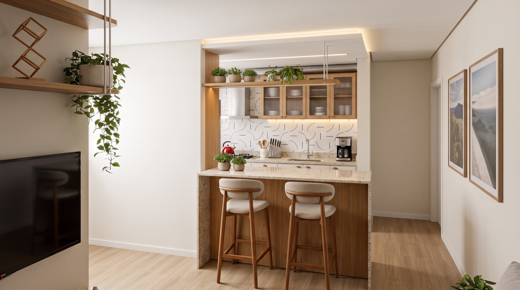 Cozinha americana integrada à sala, com bancada em península, marcenaria em madeira clara e revestimento geométrico